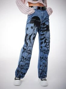 ROMWE Anime Figure Graphic Straight Leg Jeans Without Belt - Light Wash - View 4