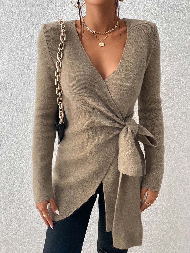 Wrap Knot Side Sweater,Long Sleeve Tops, Fall And Winter, Elegant, Camel, Longsleeve,Bandage
