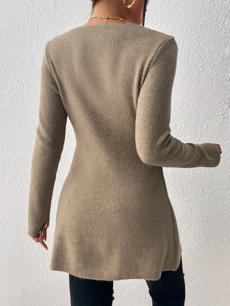 Wrap Knot Side Sweater,Long Sleeve Tops, Fall And Winter, Elegant, Camel, Longsleeve,Bandage