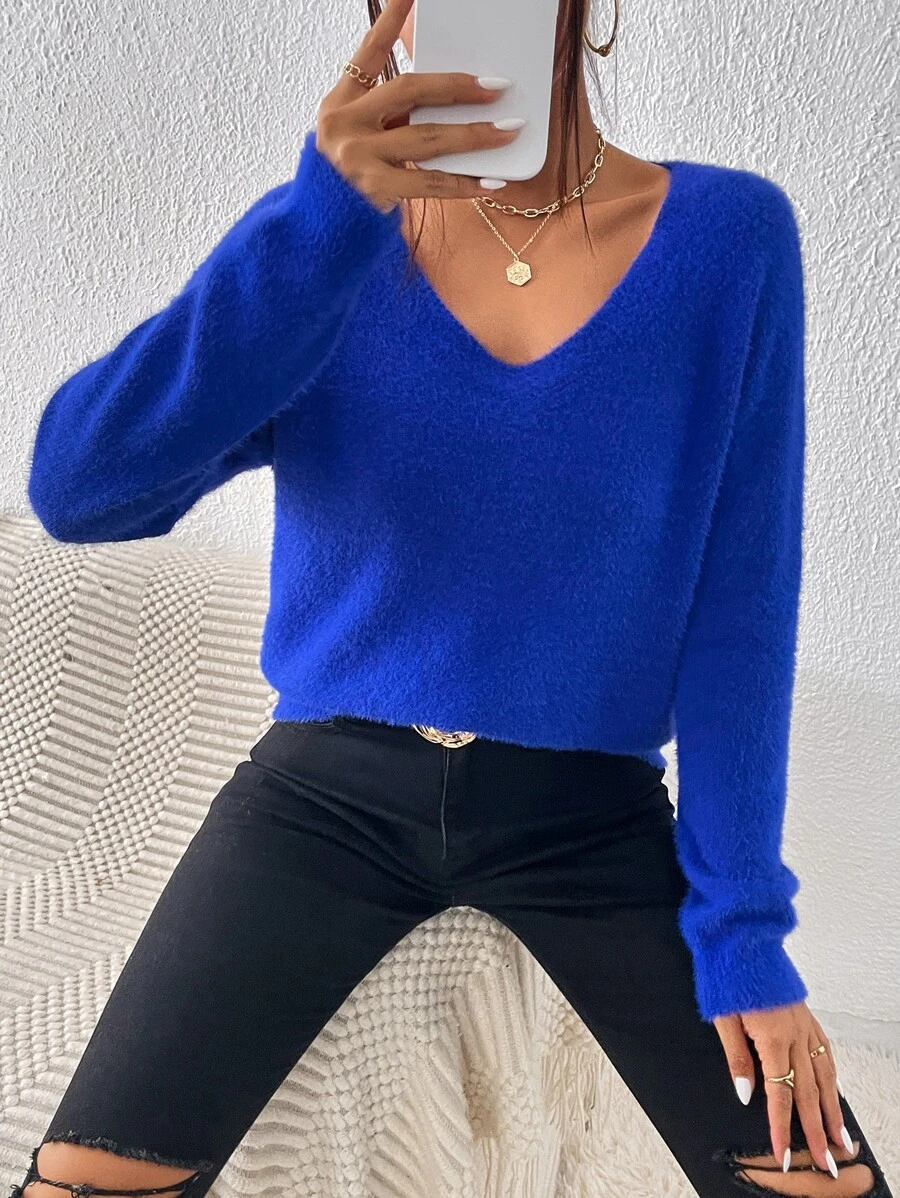 SHEIN Essnce V Neck Raglan Sleeve Jumper - Royal Blue - View 1