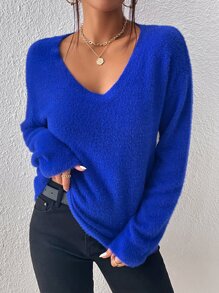 SHEIN Essnce V Neck Raglan Sleeve Jumper - Royal Blue - View 3