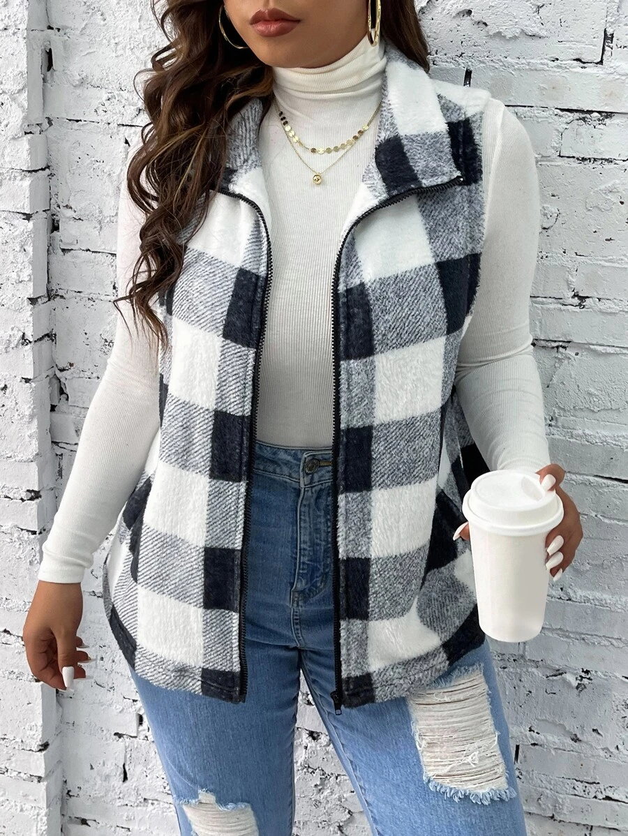 SHEIN LUNE Plus Buffalo Plaid Print Zip Up Flannel Vest Jacket - Multicolor - View 1