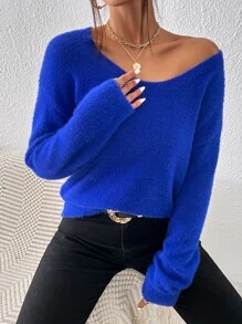 SHEIN Essnce V Neck Raglan Sleeve Jumper - Royal Blue - View 5