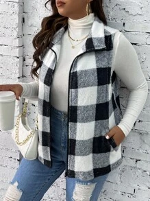 SHEIN LUNE Plus Buffalo Plaid Print Zip Up Flannel Vest Jacket - Multicolor - View 3