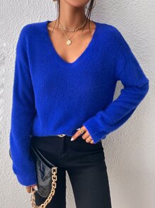SHEIN Essnce V Neck Raglan Sleeve Jumper - Royal Blue - View 6
