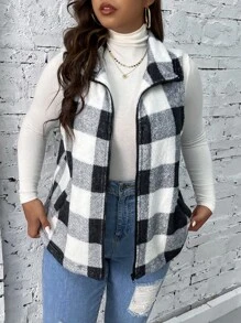 SHEIN LUNE Plus Buffalo Plaid Print Zip Up Flannel Vest Jacket - Multicolor - View 4