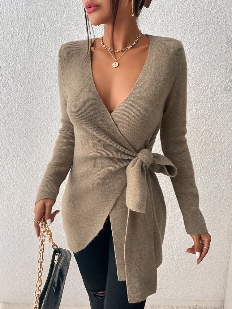 Wrap Knot Side Sweater,Long Sleeve Tops, Fall And Winter, Elegant, Camel, Longsleeve,Bandage