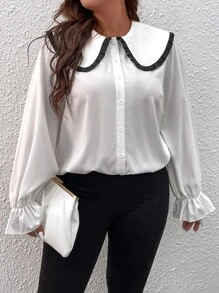 Plus Peter Pan Collar Flounce Sleeve Shirt - White - View 1