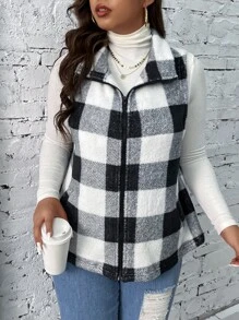 SHEIN LUNE Plus Buffalo Plaid Print Zip Up Flannel Vest Jacket - Multicolor - View 6