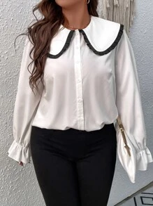 Plus Peter Pan Collar Flounce Sleeve Shirt - White - View 3