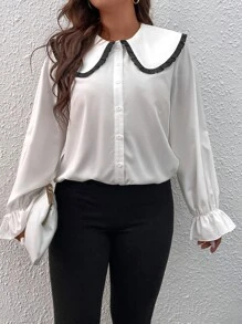Plus Peter Pan Collar Flounce Sleeve Shirt - White - View 4