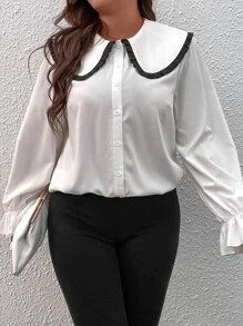 Plus Peter Pan Collar Flounce Sleeve Shirt - White - View 5