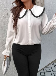 Plus Peter Pan Collar Flounce Sleeve Shirt - White - View 6