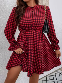 SHEIN Clasi 大碼雙色格子荷葉袖洋裝 - 紅色 - 查看 1