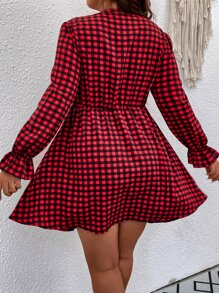 SHEIN Clasi 大碼雙色格子荷葉袖洋裝 - 紅色 - 查看 2