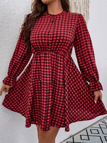 SHEIN Clasi 大碼雙色格子荷葉袖洋裝 - 紅色 - 查看 3