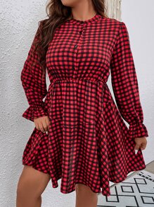 SHEIN Clasi 大碼雙色格子荷葉袖洋裝 - 紅色 - 查看 4