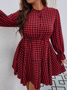 SHEIN Clasi 大碼雙色格子荷葉袖洋裝 - 紅色 - 查看 5