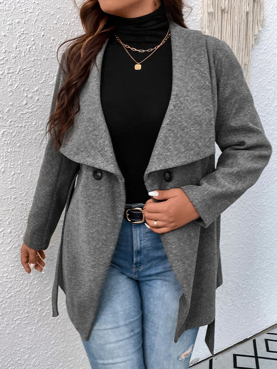 SHEIN Franclia Abrigo de cuello cascada con cinturón - Gris Oscuro - Ver 1