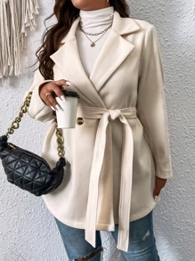 Flirla Plus Lapel Neck Belted Overcoat - Beige - View 2