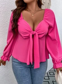 Calvaya 大碼雞心領口前打結荷葉袖荷葉邊下擺襯衫 - 玫紅色 - 查看 3