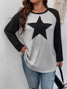 SHEIN LUNE 大碼星星印花撞色插肩袖T恤 - 淺灰色 - 查看 6