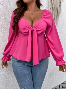 Calvaya 大碼雞心領口前打結荷葉袖荷葉邊下擺襯衫 - 玫紅色 - 查看 4