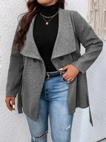 SHEIN Franclia Abrigo de cuello cascada con cinturón - Gris Oscuro - Ver 6