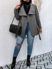 SHEIN Franclia Abrigo de cuello cascada con cinturón - Gris Oscuro - Ver 7