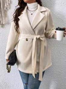 Flirla Plus Lapel Neck Belted Overcoat - Beige - View 6