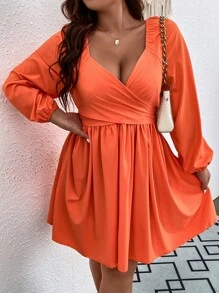 SHEIN LUNE 大碼雞心領口燈籠袖洋裝 - 橘色 - 查看 3