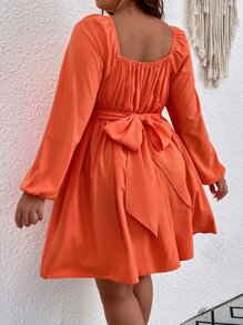 SHEIN LUNE 大碼雞心領口燈籠袖洋裝 - 橘色 - 查看 2