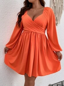 SHEIN LUNE 大碼雞心領口燈籠袖洋裝 - 橘色 - 查看 1