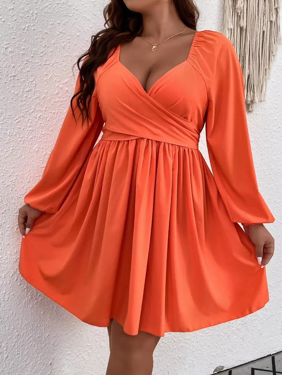 SHEIN LUNE 大碼雞心領口燈籠袖洋裝 - 橘色 - 查看 1