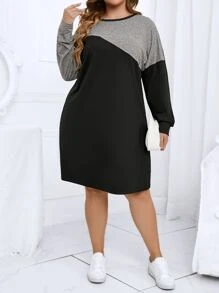 SHEIN LUNE Plus Two Tone Drop Shoulder Tee Dress - Black - View 3