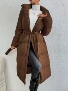 SHEIN Essnce Zip Up Hooded Belted Padded Coat, Ladies Winter Casual Belted, Zipper Regular Sleeve Hooded Oversized Coffee Brown Plain Women Padded Coats, Winter Warmth/ Winter Fashion