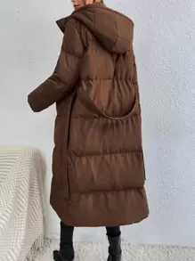 SHEIN Essnce Zip Up Hooded Belted Padded Coat, Ladies Winter Casual Belted, Zipper Regular Sleeve Hooded Oversized Coffee Brown Plain Women Padded Coats, Winter Warmth/ Winter Fashion