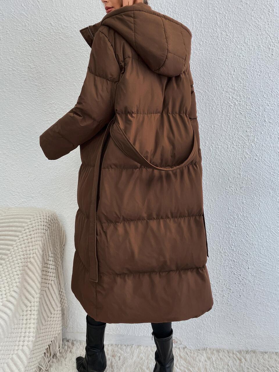 Zip Up Hooded Belted Padded Coat, Ladies Winter Casual Belted, Zipper Regular Sleeve Hooded Oversized Coffee Brown Plain Women Padded Coats, Winter Warmth/ Winter Fashion
