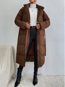 SHEIN Essnce Zip Up Hooded Belted Padded Coat, Ladies Winter Casual Belted, Zipper Regular Sleeve Hooded Oversized Coffee Brown Plain Women Padded Coats, Winter Warmth/ Winter Fashion