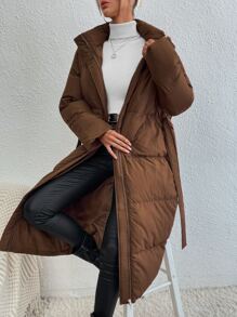 SHEIN Essnce Zip Up Hooded Belted Padded Coat, Ladies Winter Casual Belted, Zipper Regular Sleeve Hooded Oversized Coffee Brown Plain Women Padded Coats, Winter Warmth/ Winter Fashion