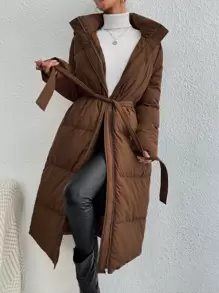 SHEIN Essnce Zip Up Hooded Belted Padded Coat, Ladies Winter Casual Belted, Zipper Regular Sleeve Hooded Oversized Coffee Brown Plain Women Padded Coats, Winter Warmth/ Winter Fashion