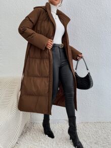 SHEIN Essnce Zip Up Hooded Belted Padded Coat, Ladies Winter Casual Belted, Zipper Regular Sleeve Hooded Oversized Coffee Brown Plain Women Padded Coats, Winter Warmth/ Winter Fashion