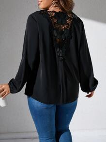 Calvaya Áo sơ mi Plus Size Tương phản ren màu trơn Thanh lịch - màu đen - Xem 2