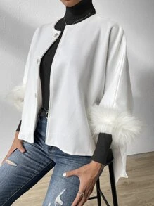SHEIN Unity 毛茸茸袖口蝙蝠袖花呢外套 - 白色 - 查看 1