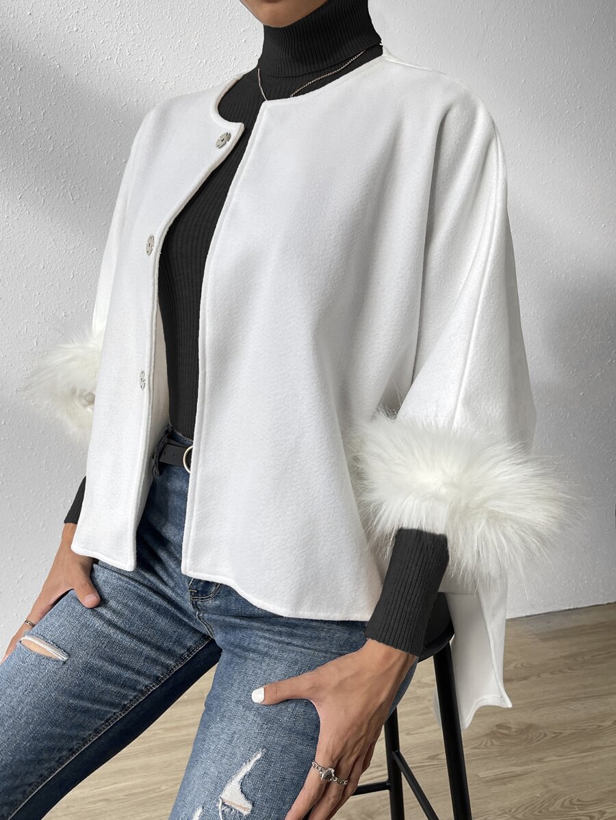SHEIN Unity 毛茸茸袖口蝙蝠袖花呢外套 - 白色 - 查看 1