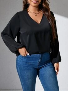 Calvaya Áo sơ mi Plus Size Tương phản ren màu trơn Thanh lịch - màu đen - Xem 3