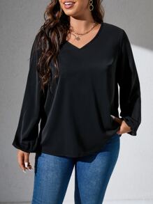 Calvaya Áo sơ mi Plus Size Tương phản ren màu trơn Thanh lịch - màu đen - Xem 4