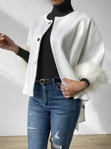 SHEIN Unity 毛茸茸袖口蝙蝠袖花呢外套 - 白色 - 查看 4