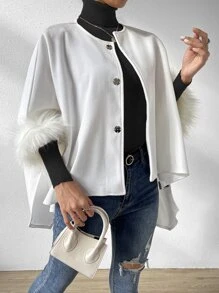 SHEIN Unity 毛茸茸袖口蝙蝠袖花呢外套 - 白色 - 查看 5