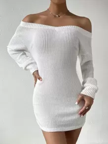 Firerie 一字肩羅紋針織緊身洋裝 - 白色 - 查看 4